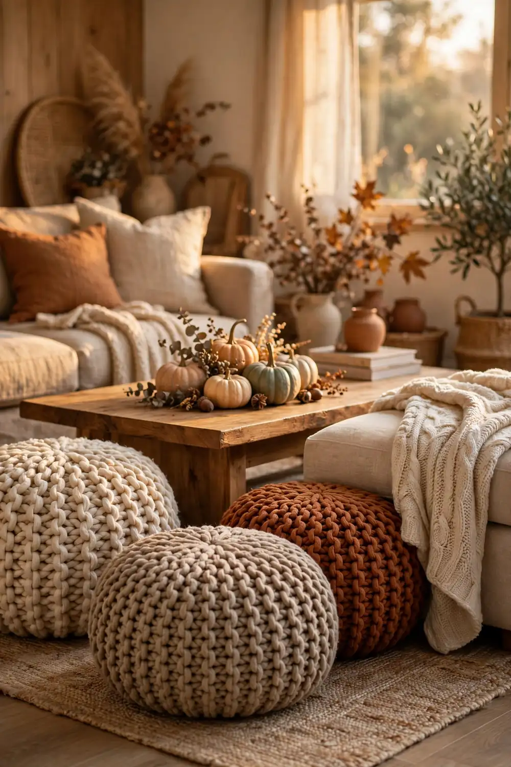 Chunky Knit Poufs and Ottoman Chunky knit poufs in cream and rust around a coffee table, a cozy thanksgiving living room decor idea