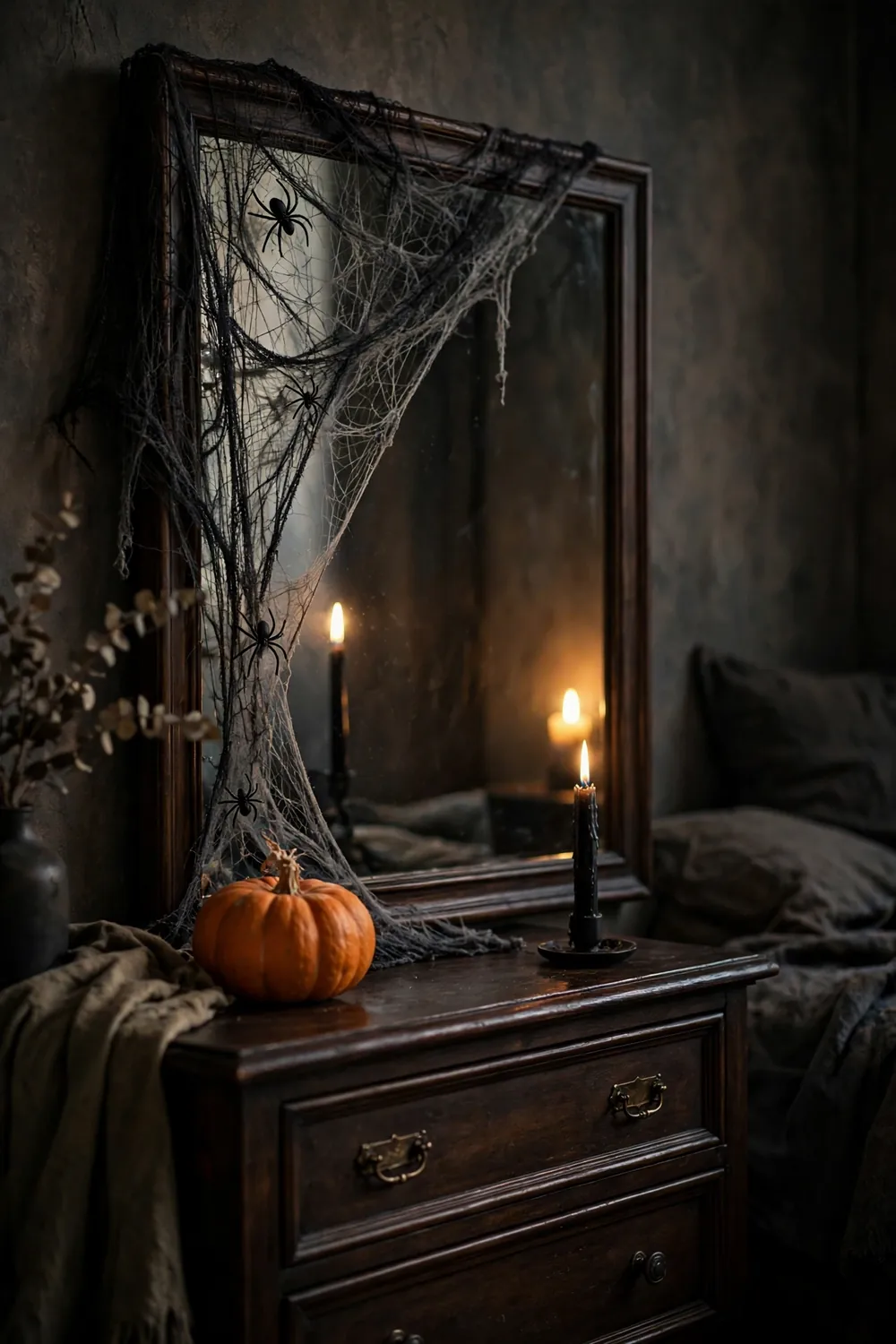Black cobweb mesh draped over a bedroom mirror Mirror draped with black cobweb mesh for Halloween, a quick halloween bedroom decor idea