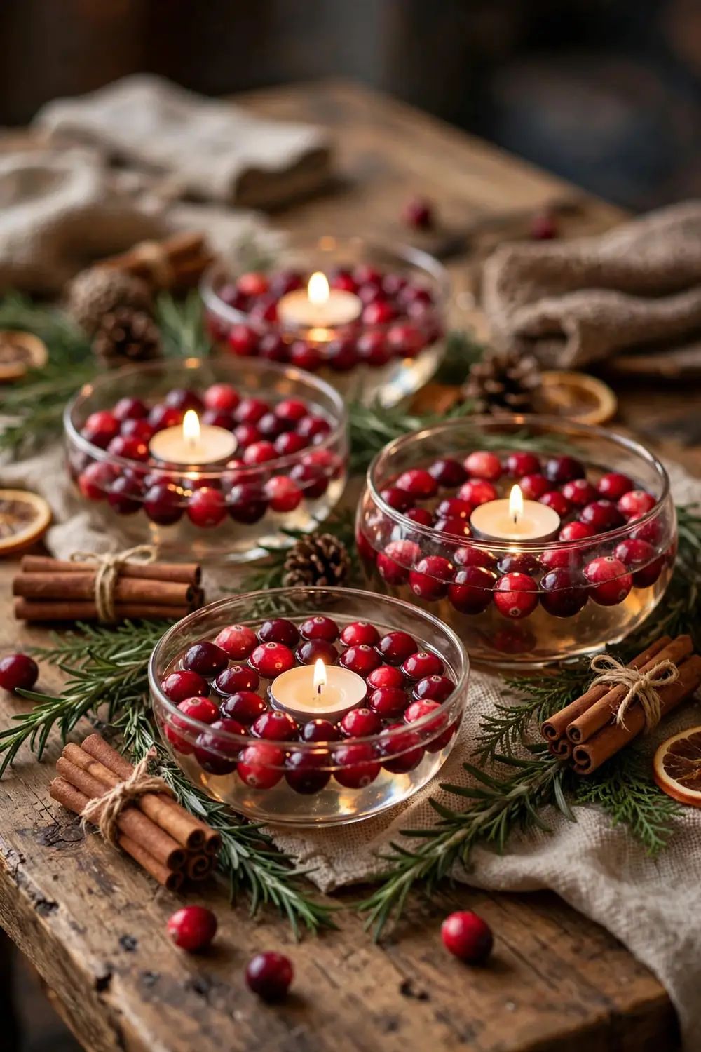 Thanksgiving centerpiece with cranberries floating candles and cinnamon sticks