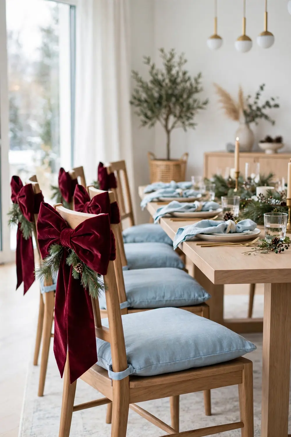 Dining chairs dressed with burgundy velvet bows for Christmas Dining chairs with burgundy velvet bows and sky blue seat cushions