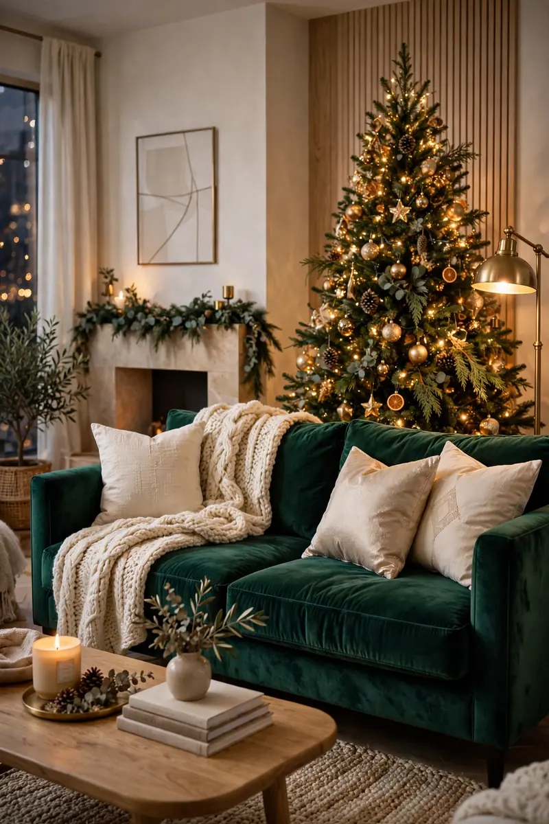 Velvet Christmas decor: emerald velvet sofa styled for Christmas with cream pillows and a glowing tree