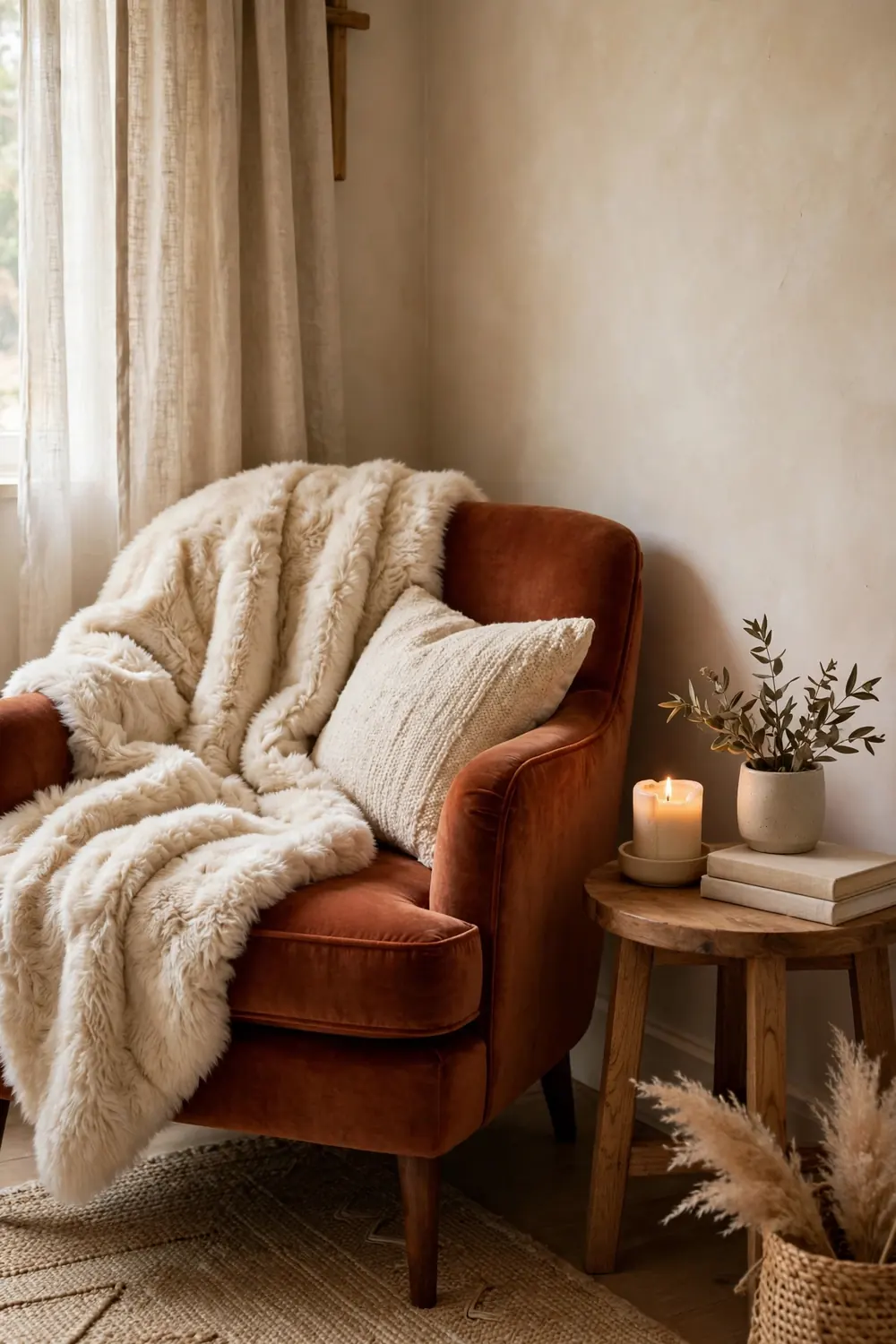 Faux Fur Throw on a Rust Armchair Fall bedroom decor with a cream faux fur throw on a rust velvet armchair in a bedroom corner