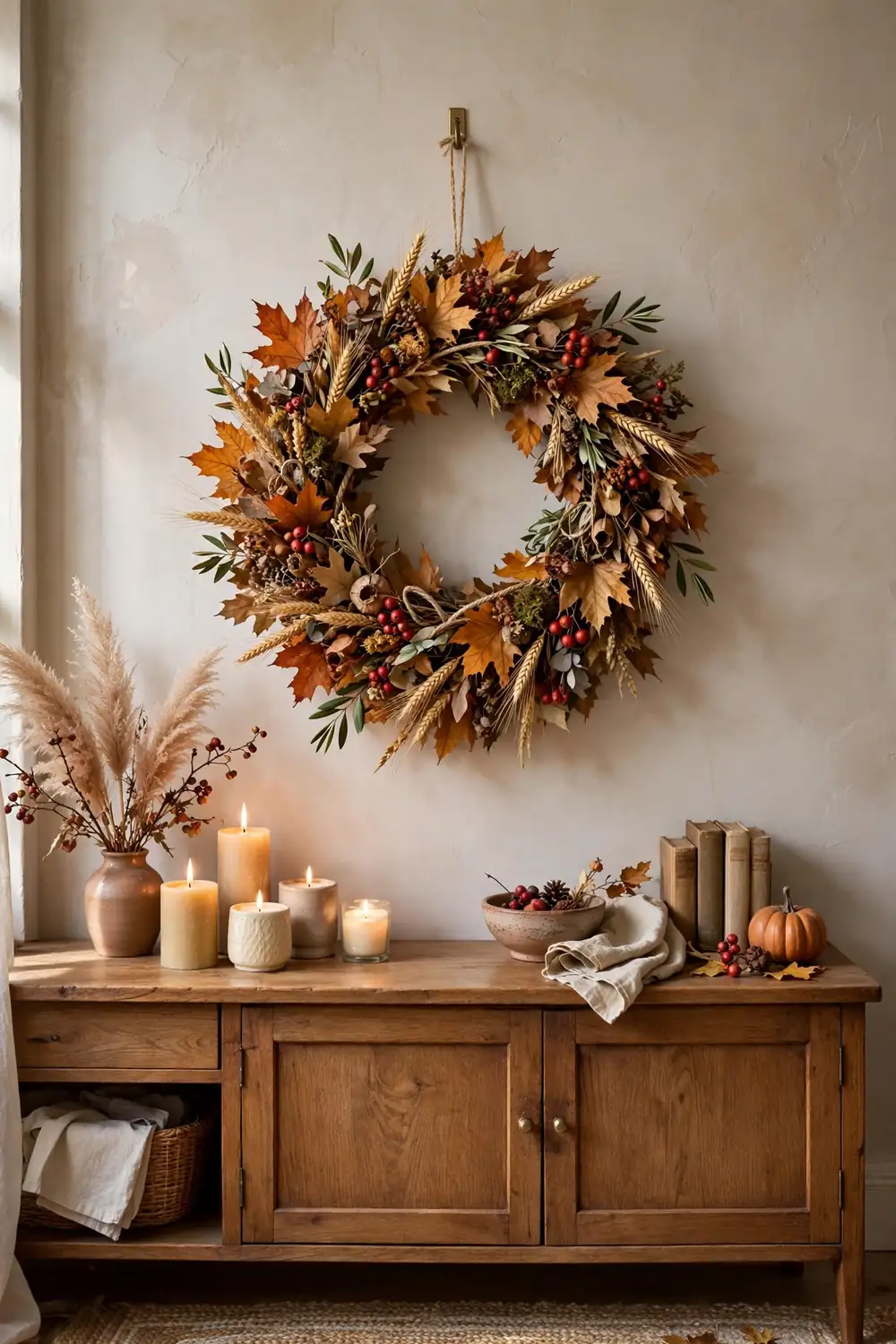 Autumn Wreath Above the Sideboard Cozy fall dining room with an autumn wreath of dried leaves and berries above a sideboard