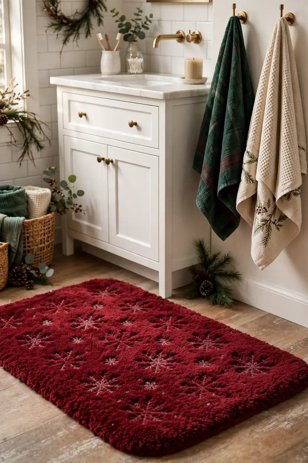 Cozy festive bath mat with a christmas pattern in front of a bathroom vanity