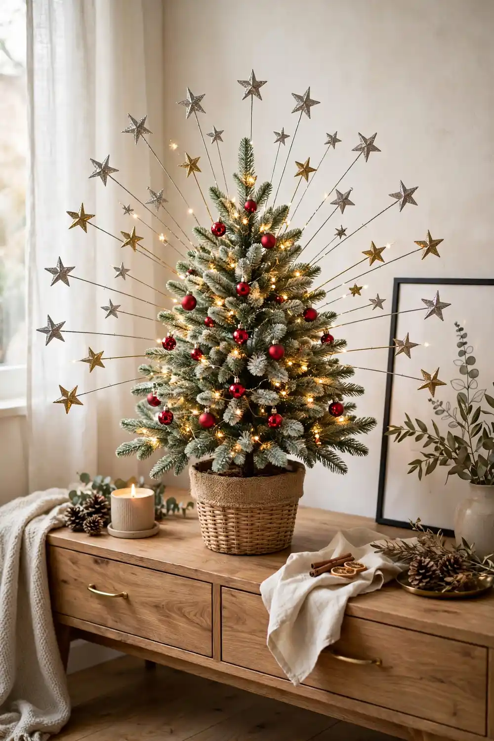 Fireworks Inspired Tabletop Tree Fireworks inspired tabletop tree with star picks for Americana Christmas decor