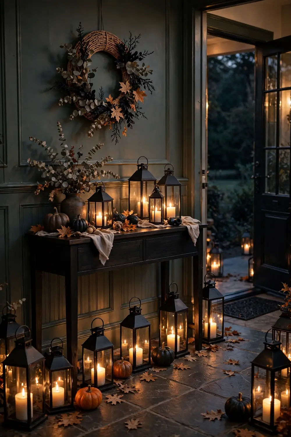 Flickering lantern entryway glow for halloween entryway decor ideas