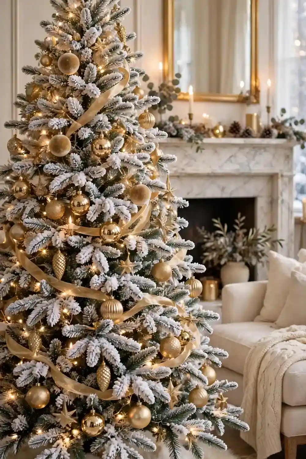 Flocked christmas tree with gold ornaments and warm lights, a snowy christmas tree decor idea