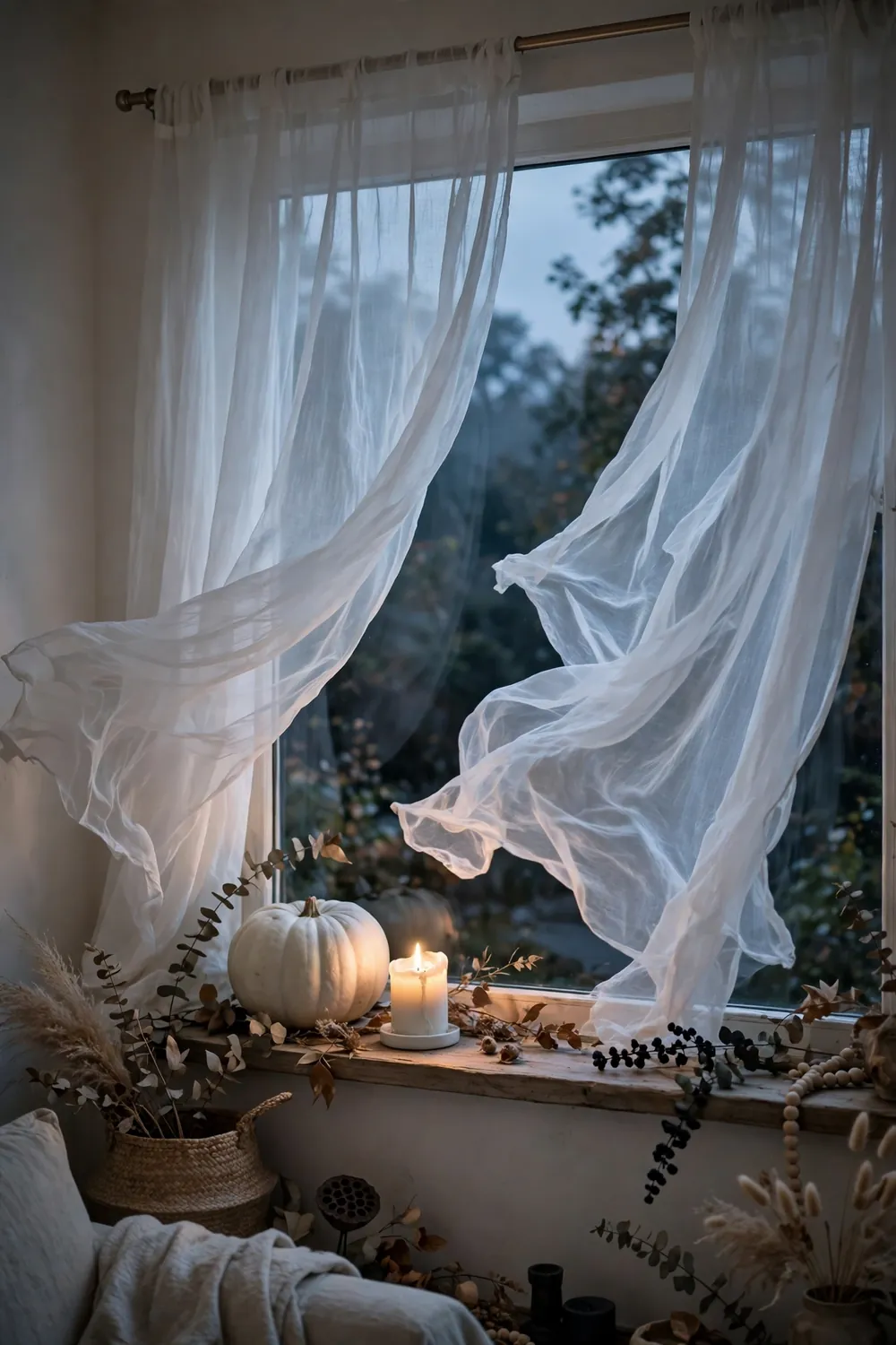 Ghostly White Sheer Curtains Ghostly white sheer curtains halloween living room decor ideas billowing at a living room window