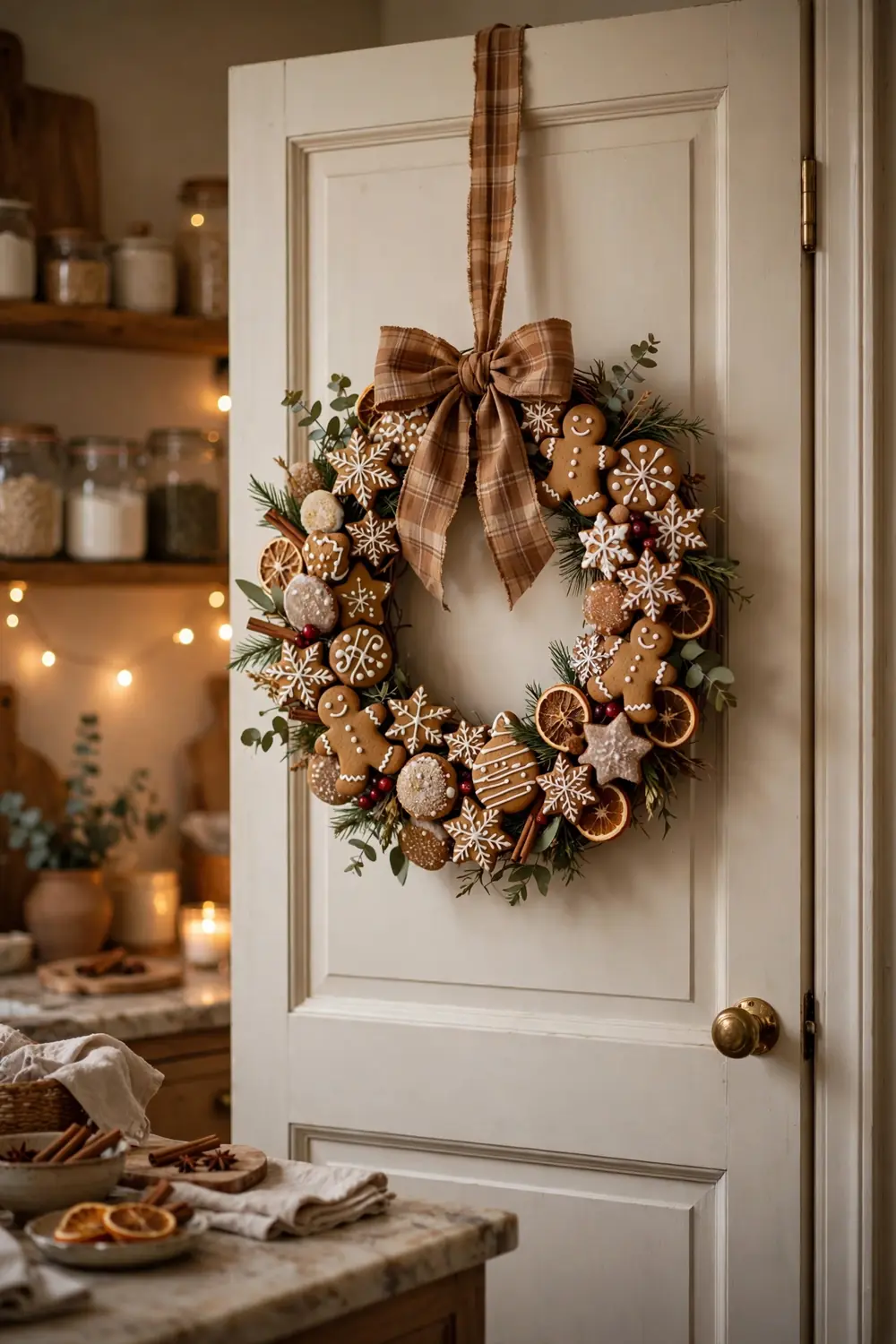 Gingerbread cookie wreath on the pantry door Gingerbread Christmas decor ideas with a cookie wreath hung on the pantry door