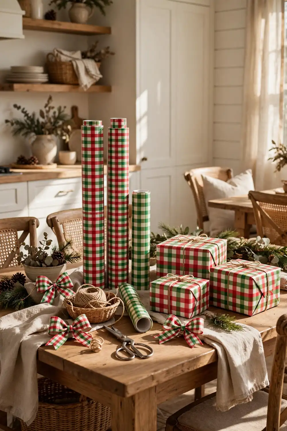 Gingham Christmas decor gift wrap station with checked paper and bows