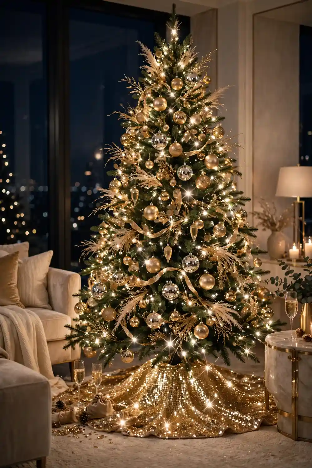 Gold sequin Christmas tree skirt idea Gold sequin Christmas tree skirt shimmering under champagne and gold ornaments