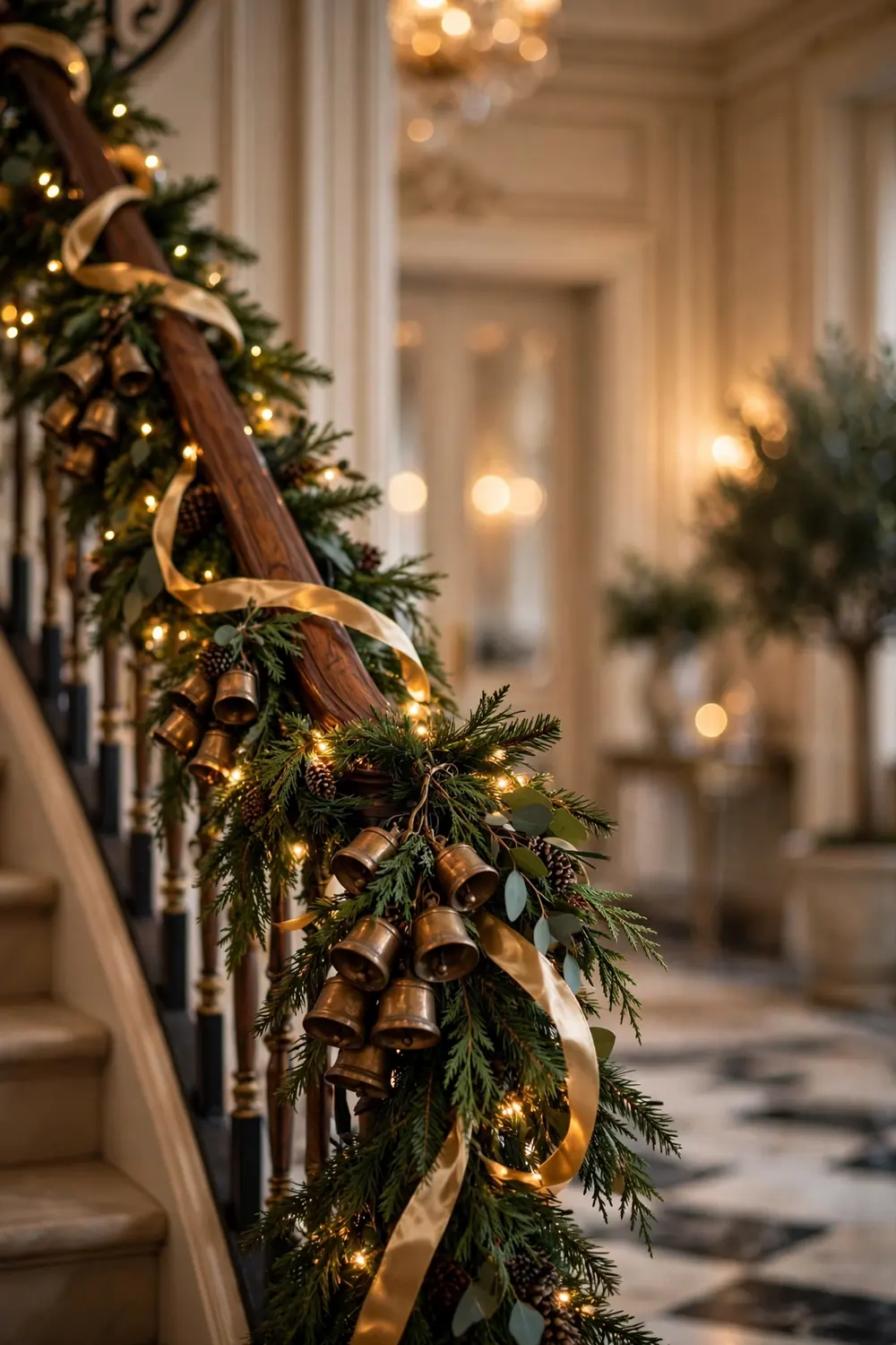 Brass Bell Christmas Staircase Garland Christmas staircase garland with antique brass bells, gold ribbon and evergreen branches