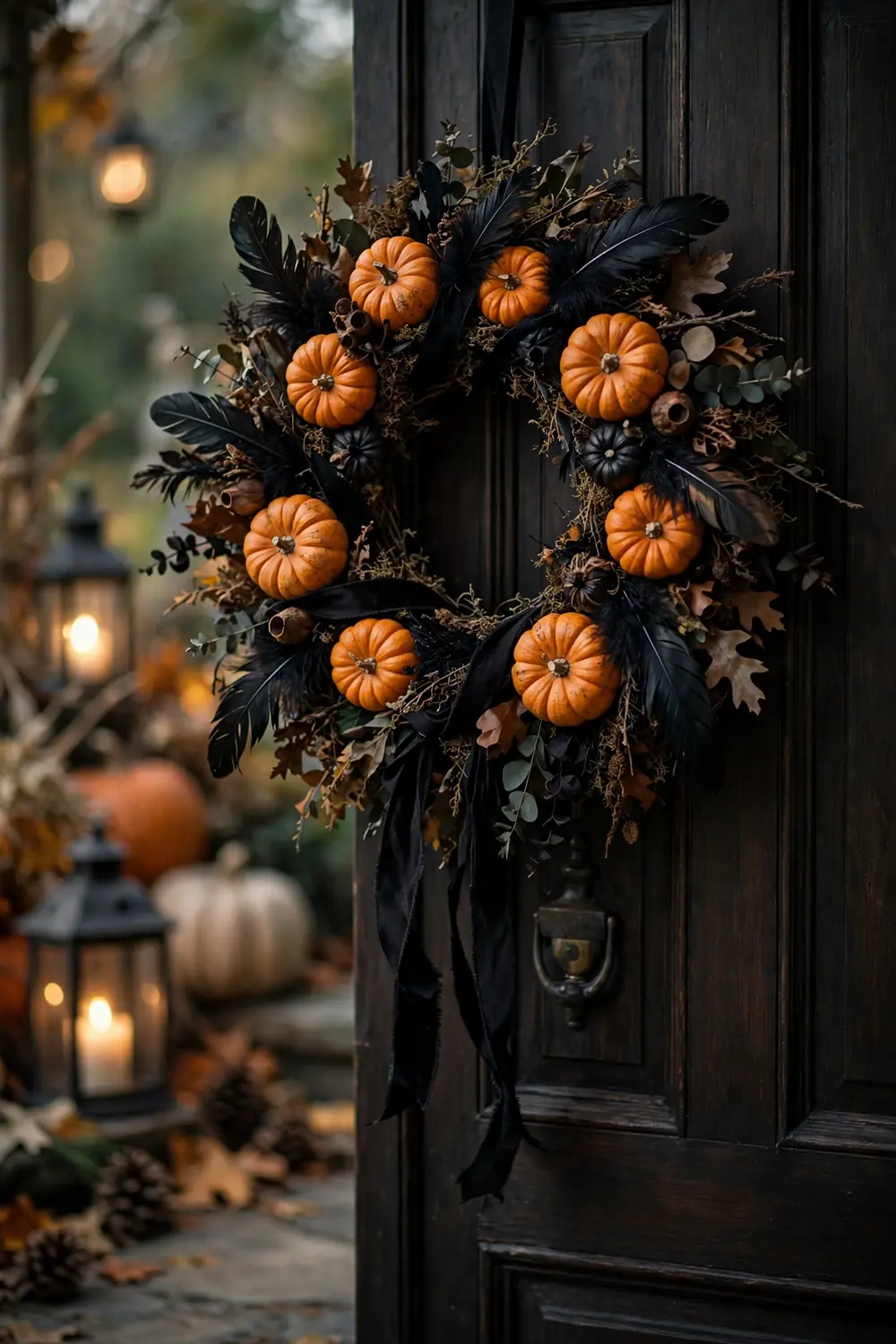 Haunted Harvest Wreath on the Door Halloween porch decor with a dark harvest wreath of mini pumpkins and black ribbon on the door