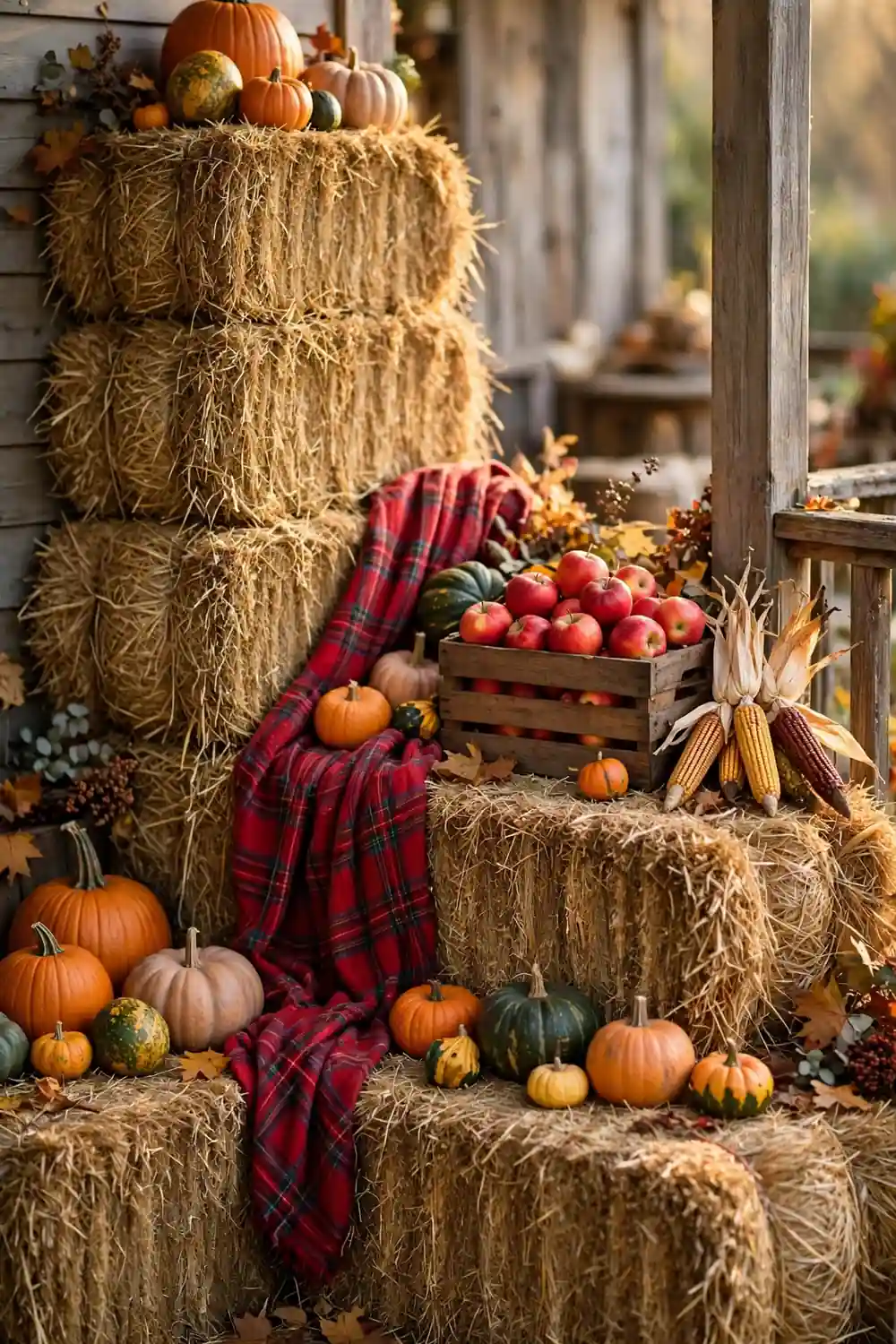 Hay bale harvest corner with pumpkins, a rustic thanksgiving porch decor idea