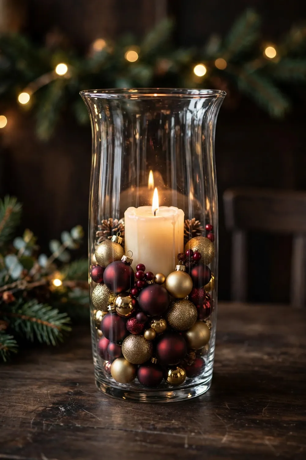 Hurricane glass with ornaments and a pillar candle, an easy christmas candle decor idea for any table