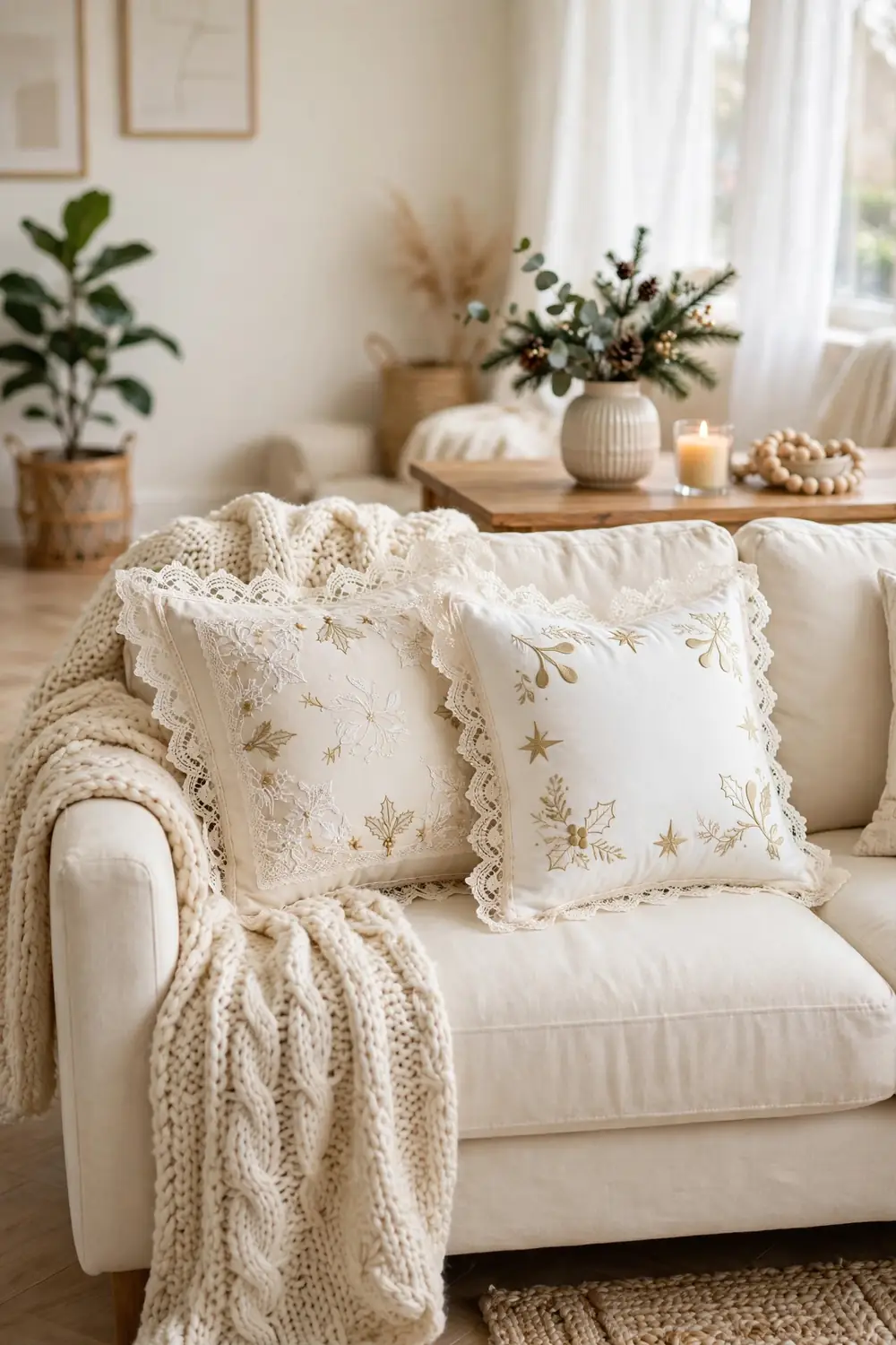 Lace-edged Christmas pillow covers on a cream sofa