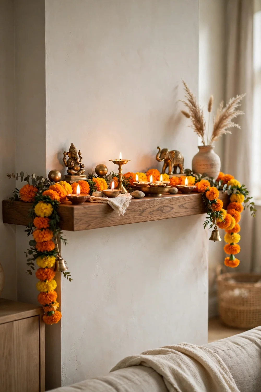 Diya and candle vignette styled on a living room mantel with garlands