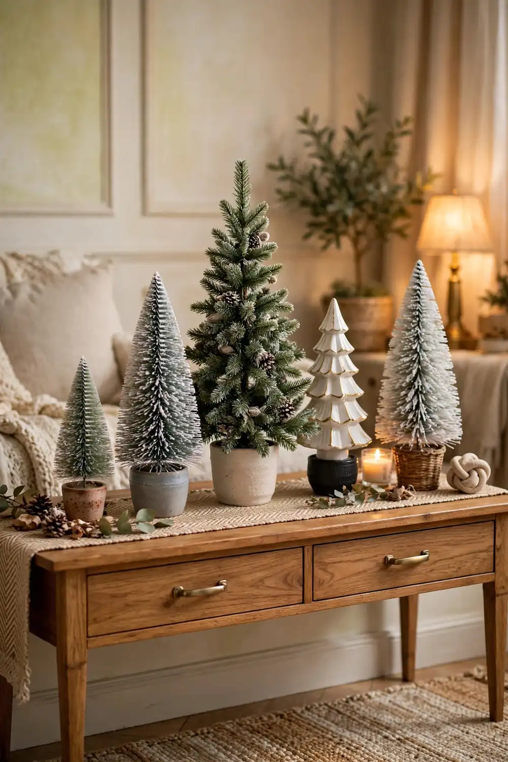 Console styled with mini Christmas trees of different heights