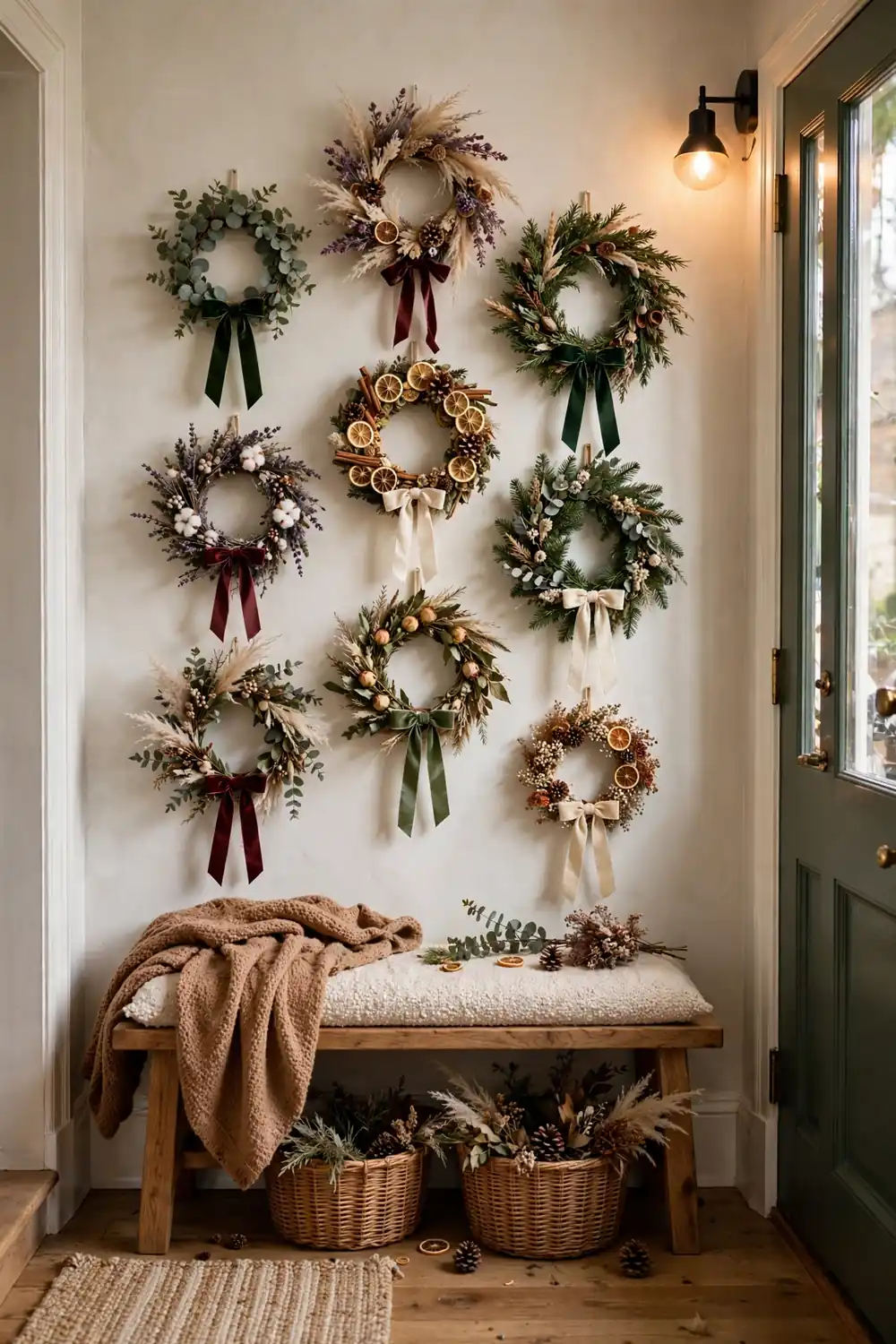 Gallery wall of mini wreaths with velvet ribbons Gallery wall of small assorted christmas wreaths, playful christmas entryway decor ideas for blank walls