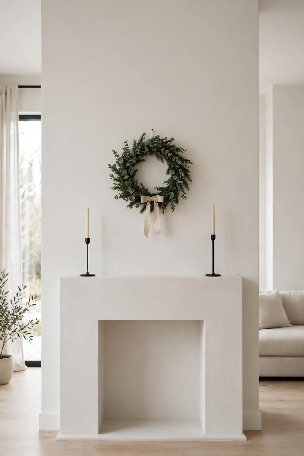 Christmas mantel decor idea with a minimalist wreath and candlesticks Minimalist single wreath with two candlesticks, a calm and clean christmas mantel decor idea