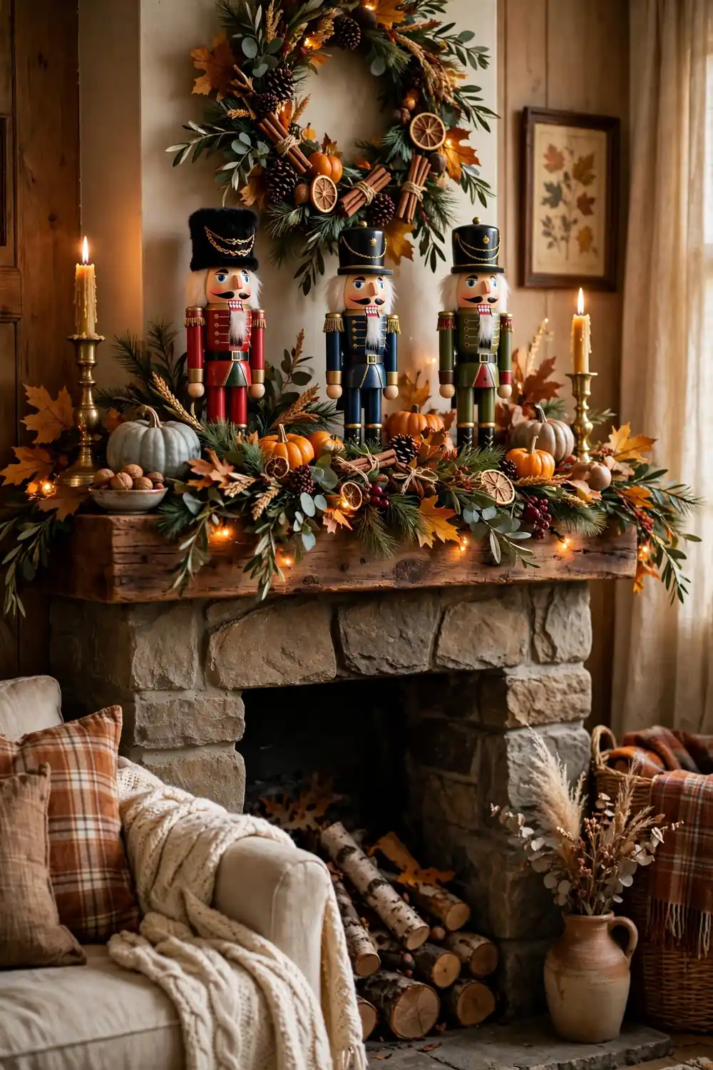Thanksgiving mantel decor ideas with nostalgic nutcracker figures, pine branches, and warm string lights