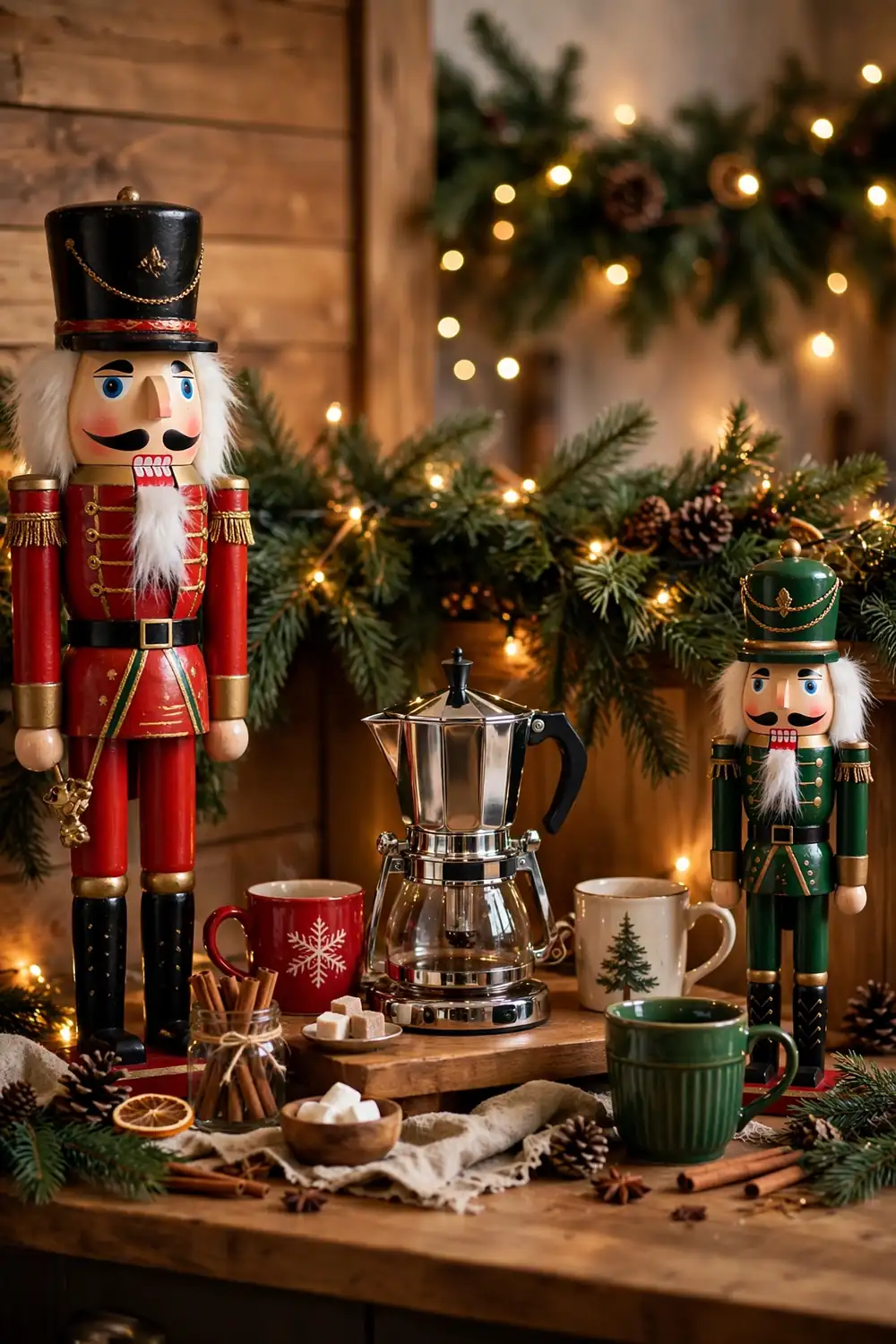 Nutcracker Coffee Bar Guards Nutcracker figurines guarding a christmas coffee bar decor ideas setup with garland