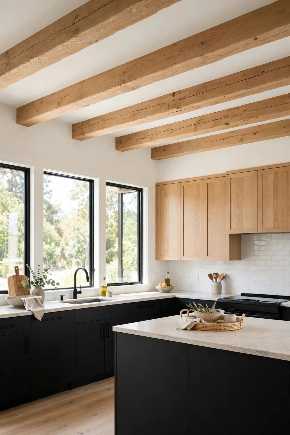 White oak and black kitchen ideas with exposed oak ceiling beams
