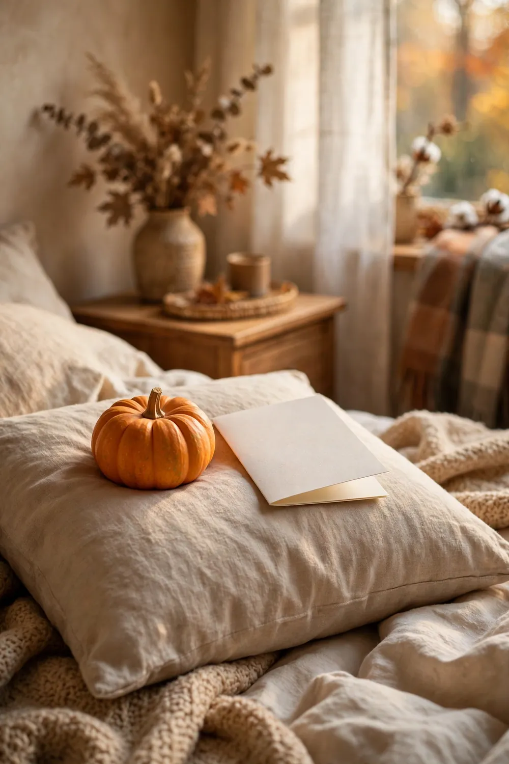 Thanksgiving guest bedroom decor ideas with a mini pumpkin welcome note on the pillow