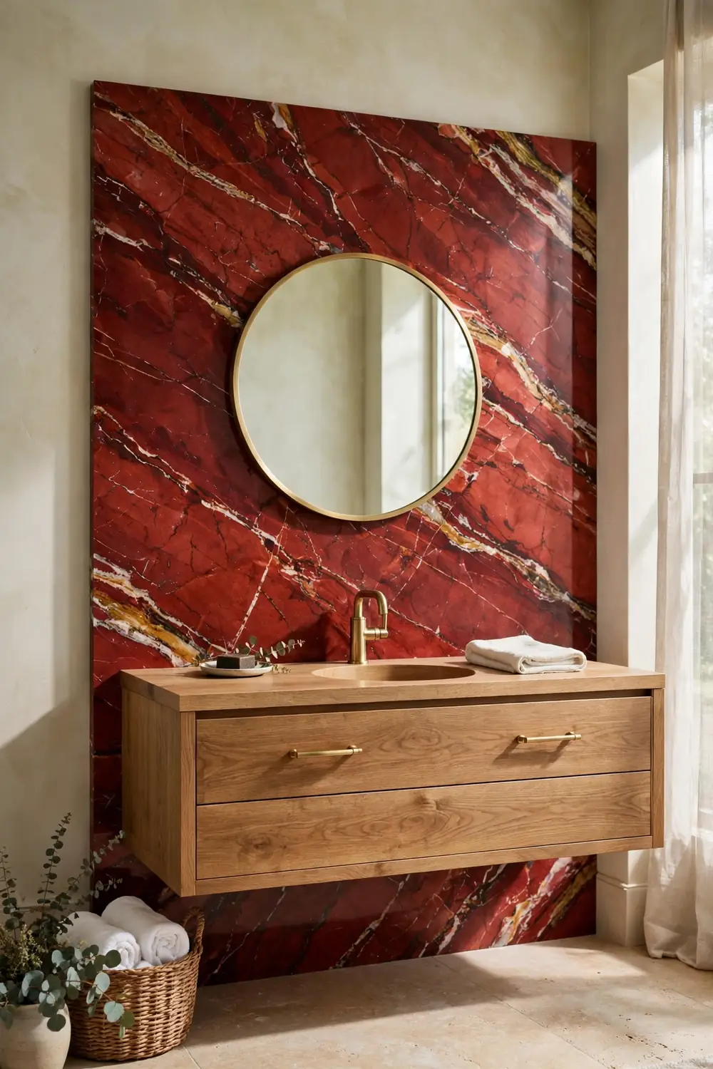 Single Red Marble Vanity Backsplash Slab Single slab red marble bathroom backsplash behind a floating vanity with brass faucet