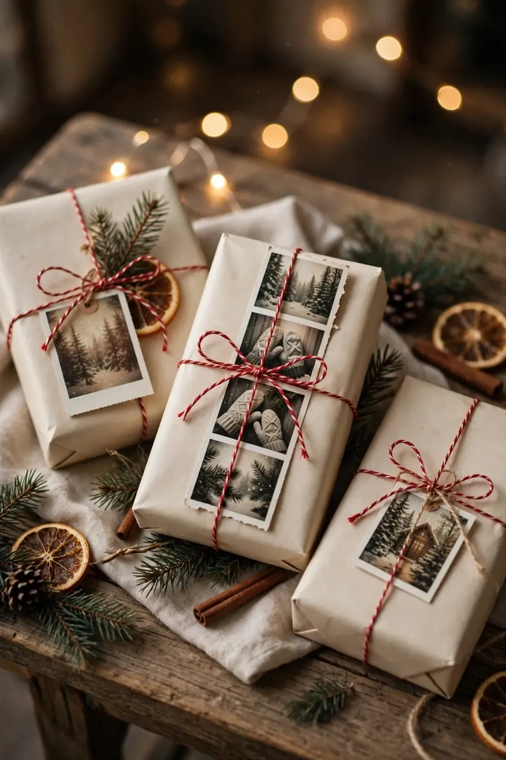 Gift tags made from retro film grain photos on wrapped presents, a personal christmas wrapping station idea