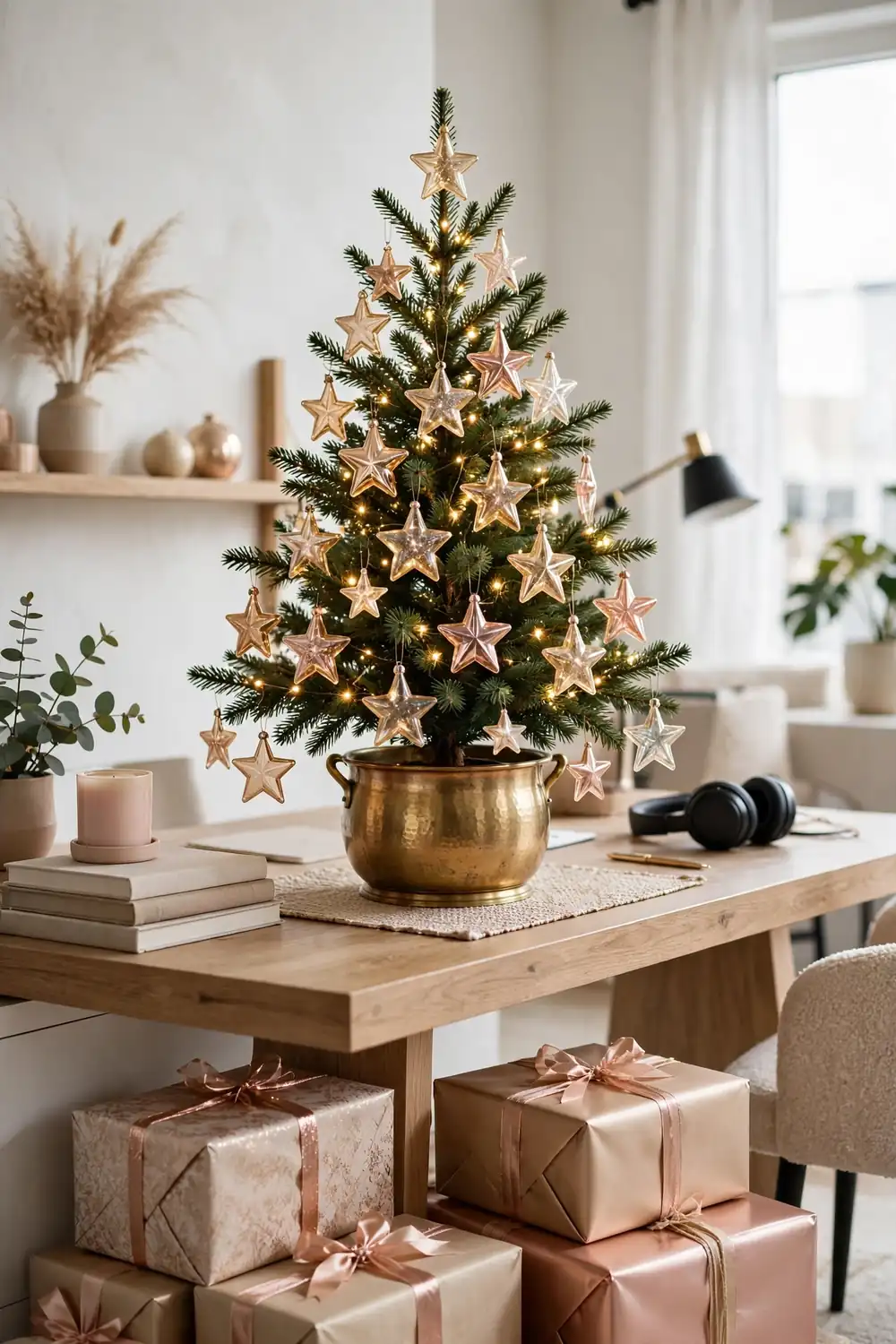 Glass Star Ornaments Tabletop Tree Small tabletop Christmas tree decorated with glass star ornaments in champagne and rose gold — star motif Christmas decor