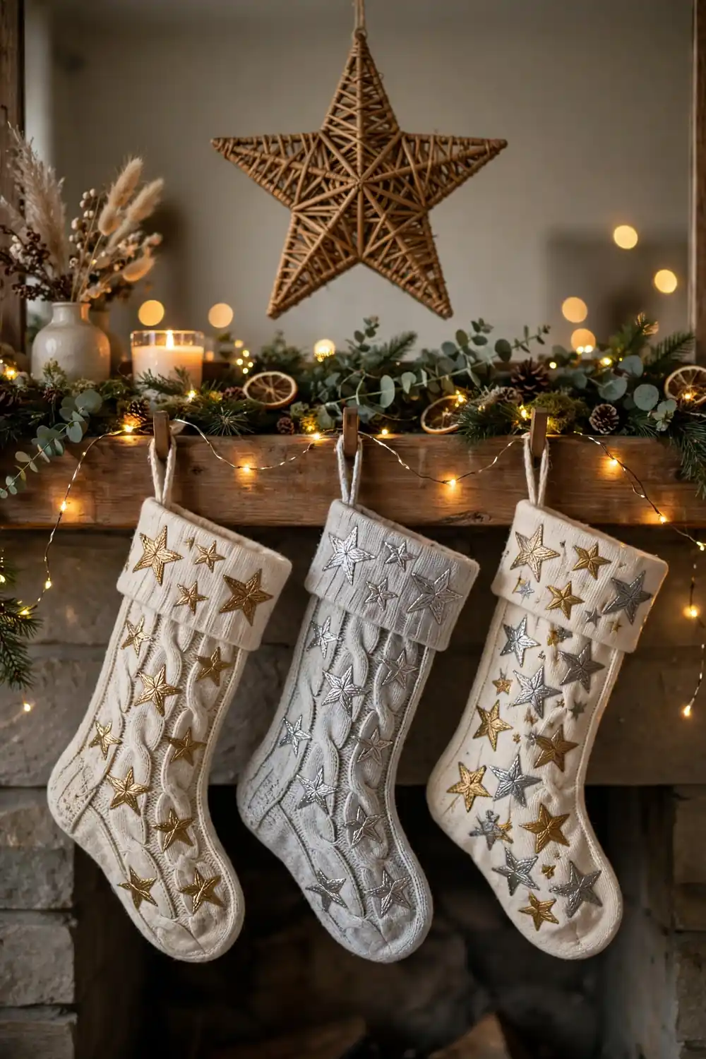 Star Motif Christmas Stocking Decor Ideas Star motif christmas stocking decor ideas in gold and silver on a mantel