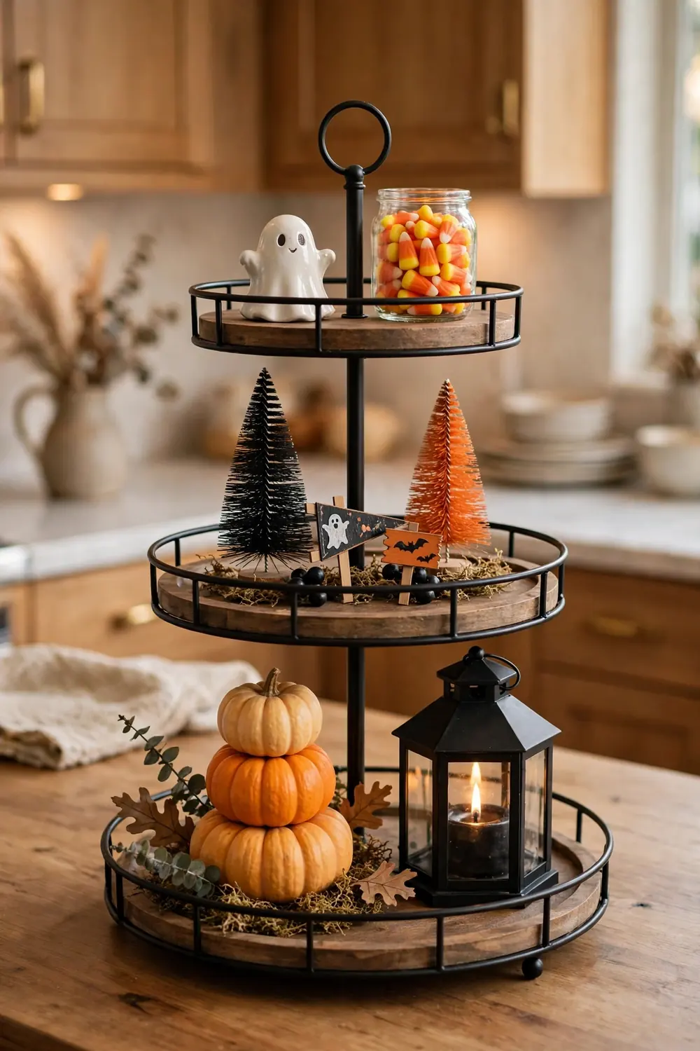 Halloween tiered tray vignette for the kitchen counter Three tiered tray styled with Halloween miniatures, pumpkins, and black and orange accents