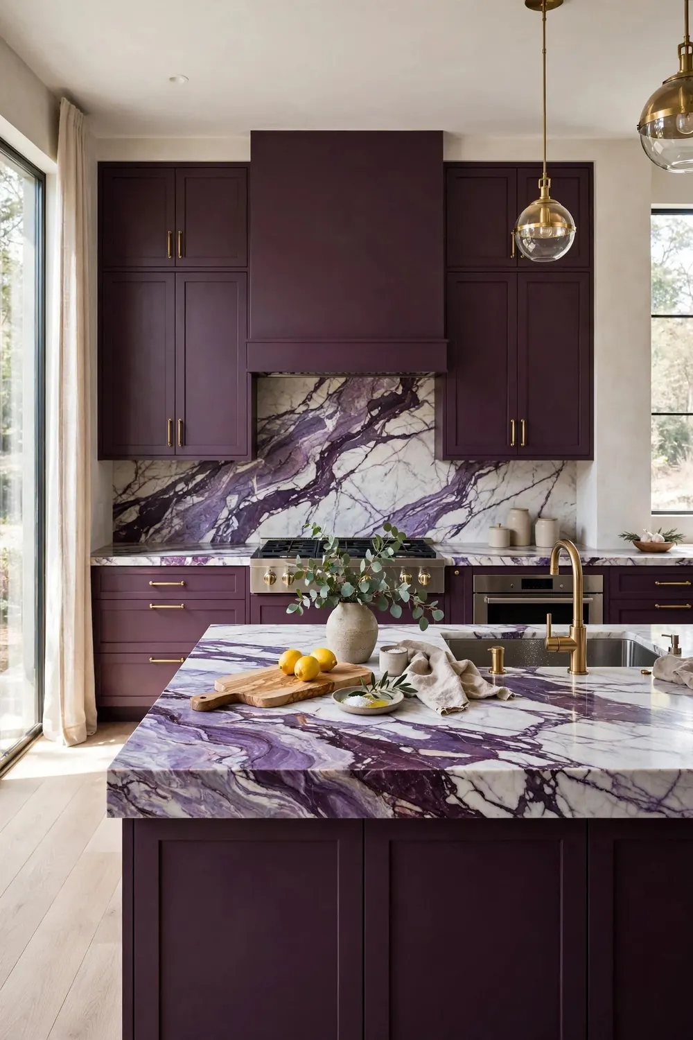 Luxury kitchen with calacatta viola marble purple veining countertops