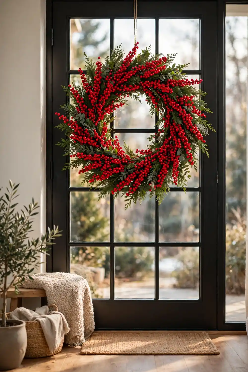 Full red winterberry christmas wreath ideas on a glass front door