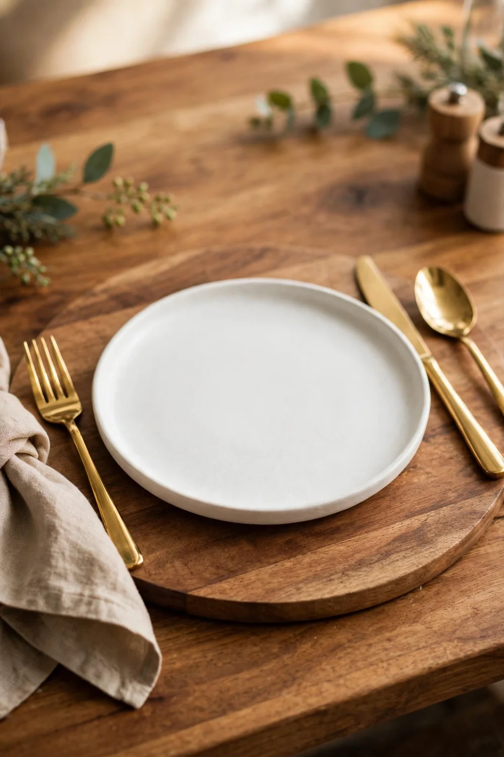 Wooden Charger Gold Flatware Thanksgiving Wooden charger and gold flatware for thanksgiving dining room decor ideas