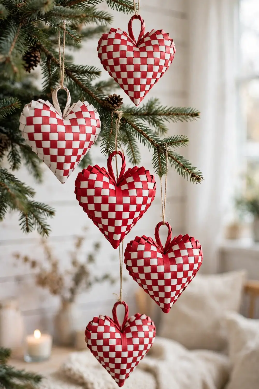 Woven red and white paper hearts on a tree Woven red and white paper heart baskets hanging on a Christmas tree