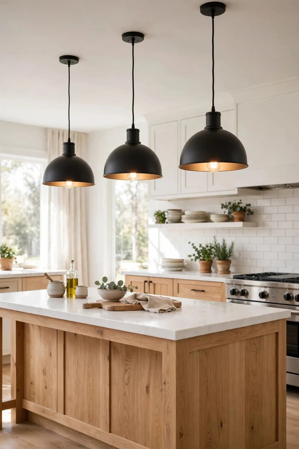 White oak and black kitchen with black pendant lights over the island