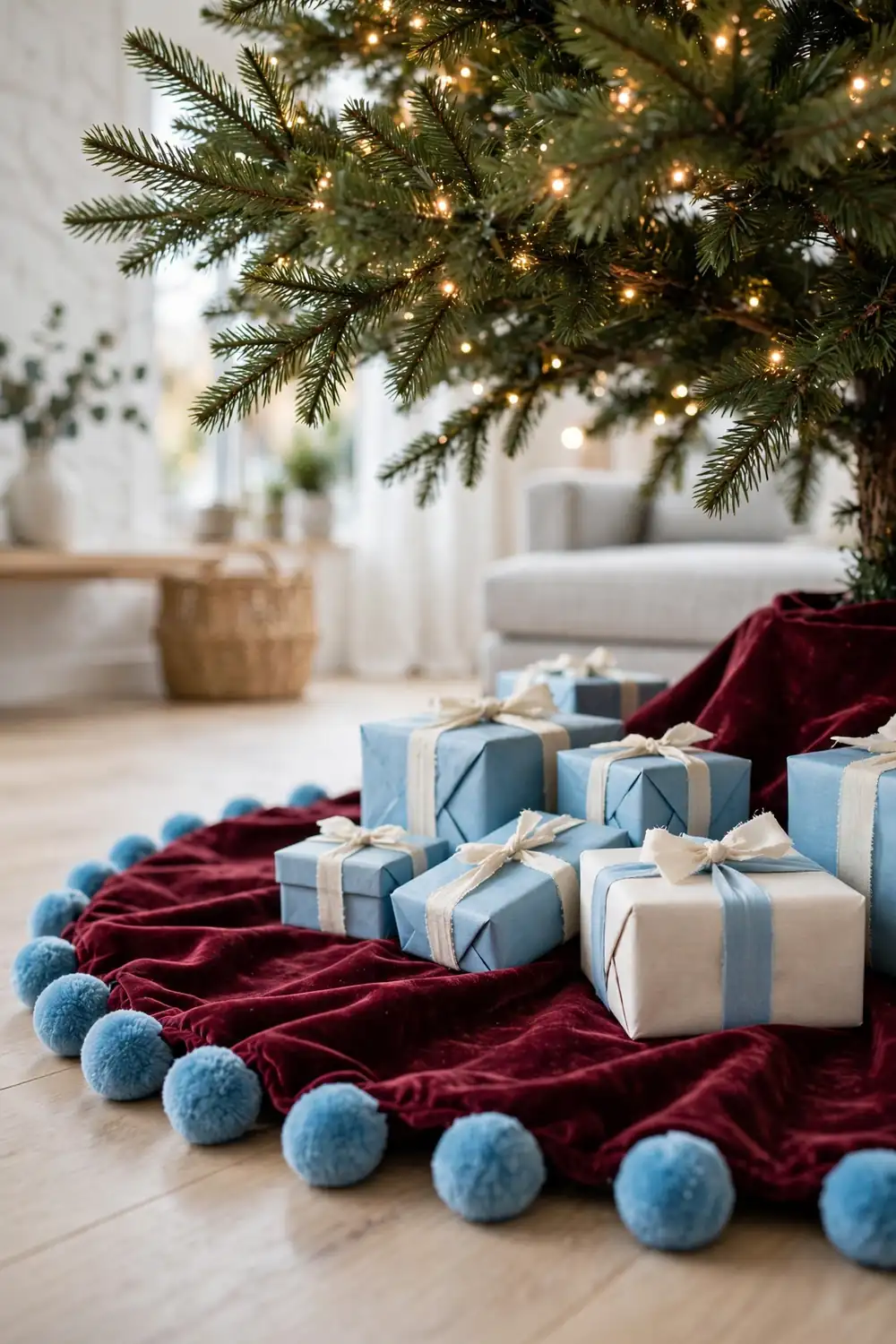 Burgundy velvet tree skirt with sky blue pom pom trim Burgundy velvet Christmas tree skirt trimmed with sky blue pom poms