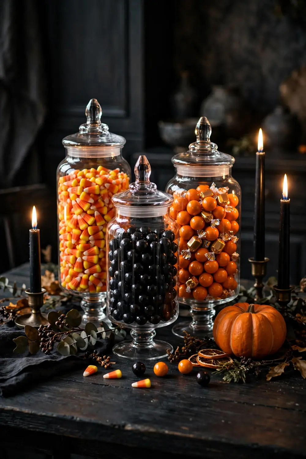 Candy Apothecary Jar Centerpiece Display Glass apothecary jars filled with candy corn and colorful gumballs as an edible centerpiece, a sweet halloween table decor idea for party tables