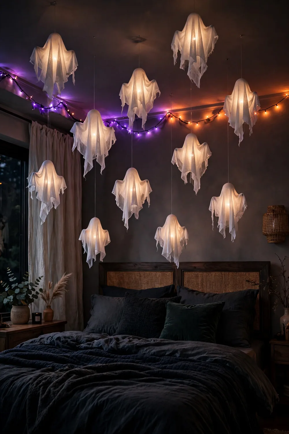 Floating cheesecloth ghosts hung from the bedroom ceiling Cheesecloth ghosts floating from a bedroom ceiling, a playful halloween bedroom decor idea