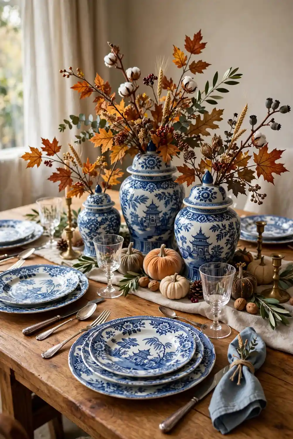 Blue and white chinoiserie Thanksgiving tablescape with ginger jars