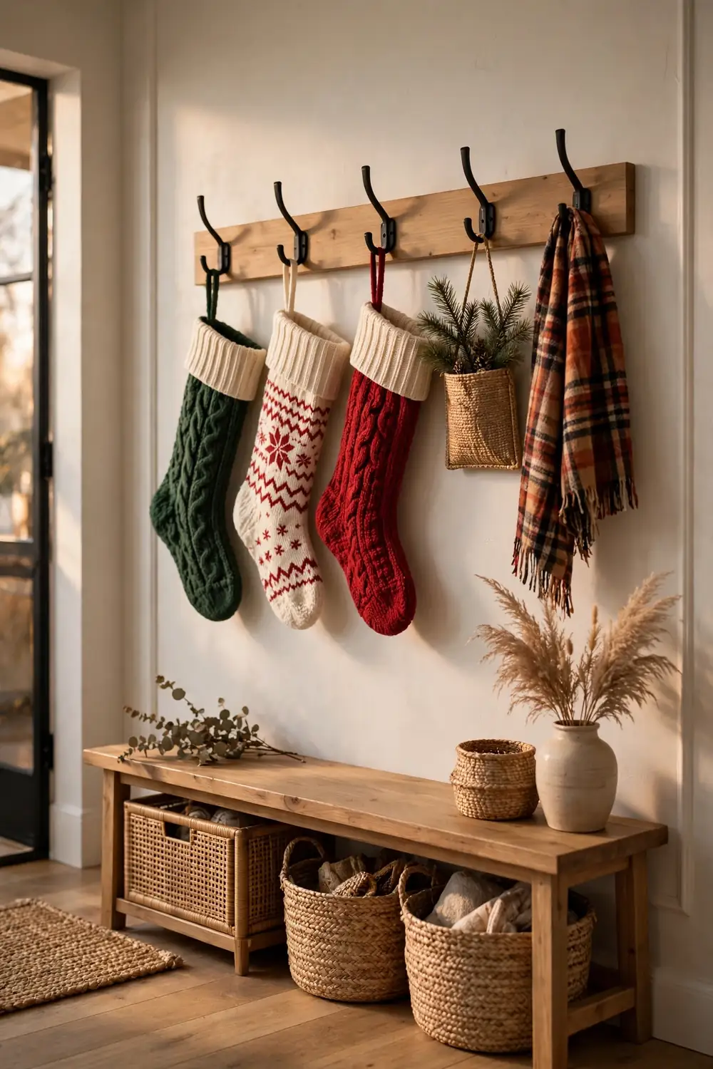 Coat rack with knit stockings, plaid scarf, and pine sprig Coat rack hung with knit christmas stockings, clever christmas entryway decor ideas without a fireplace