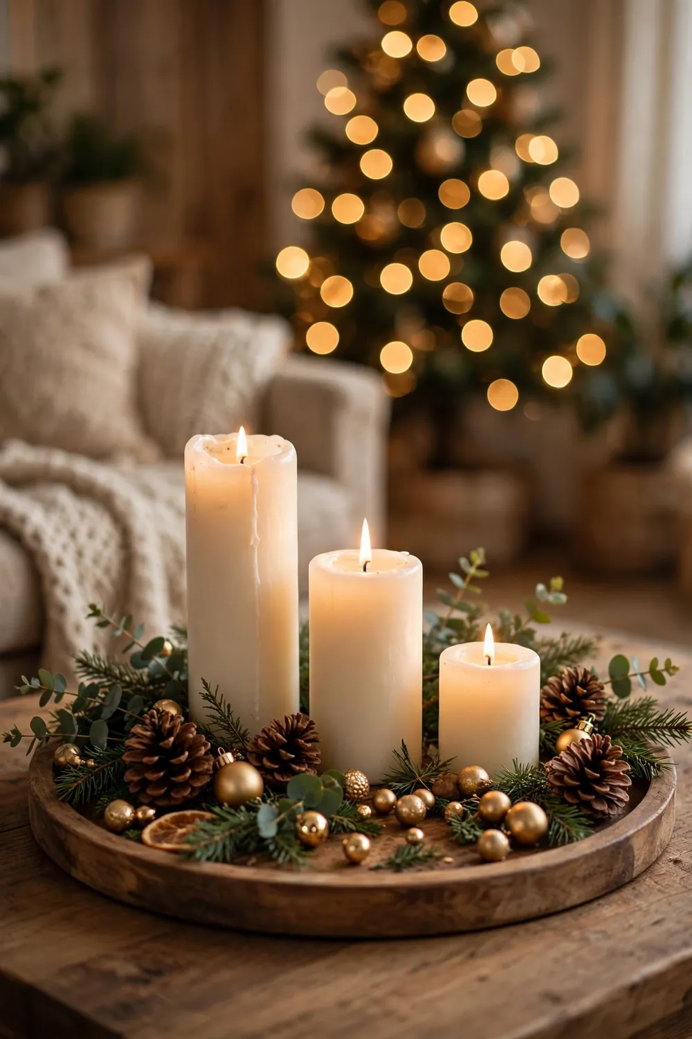 Styled tray with mixed height candles and greenery, a versatile christmas candle decor idea for the coffee table