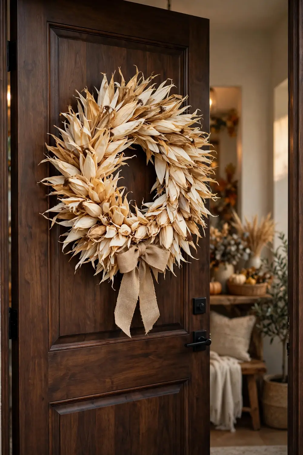 Corn Husk Wreath Corn husk wreath hanging on a front door, a harvest thanksgiving living room decor idea