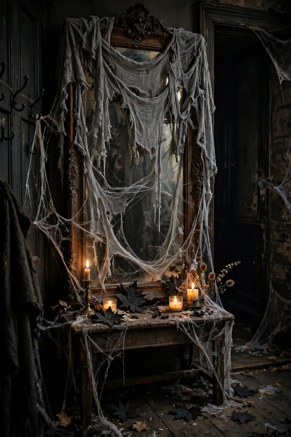 Creepy cloth draped mirror for halloween entryway decor ideas