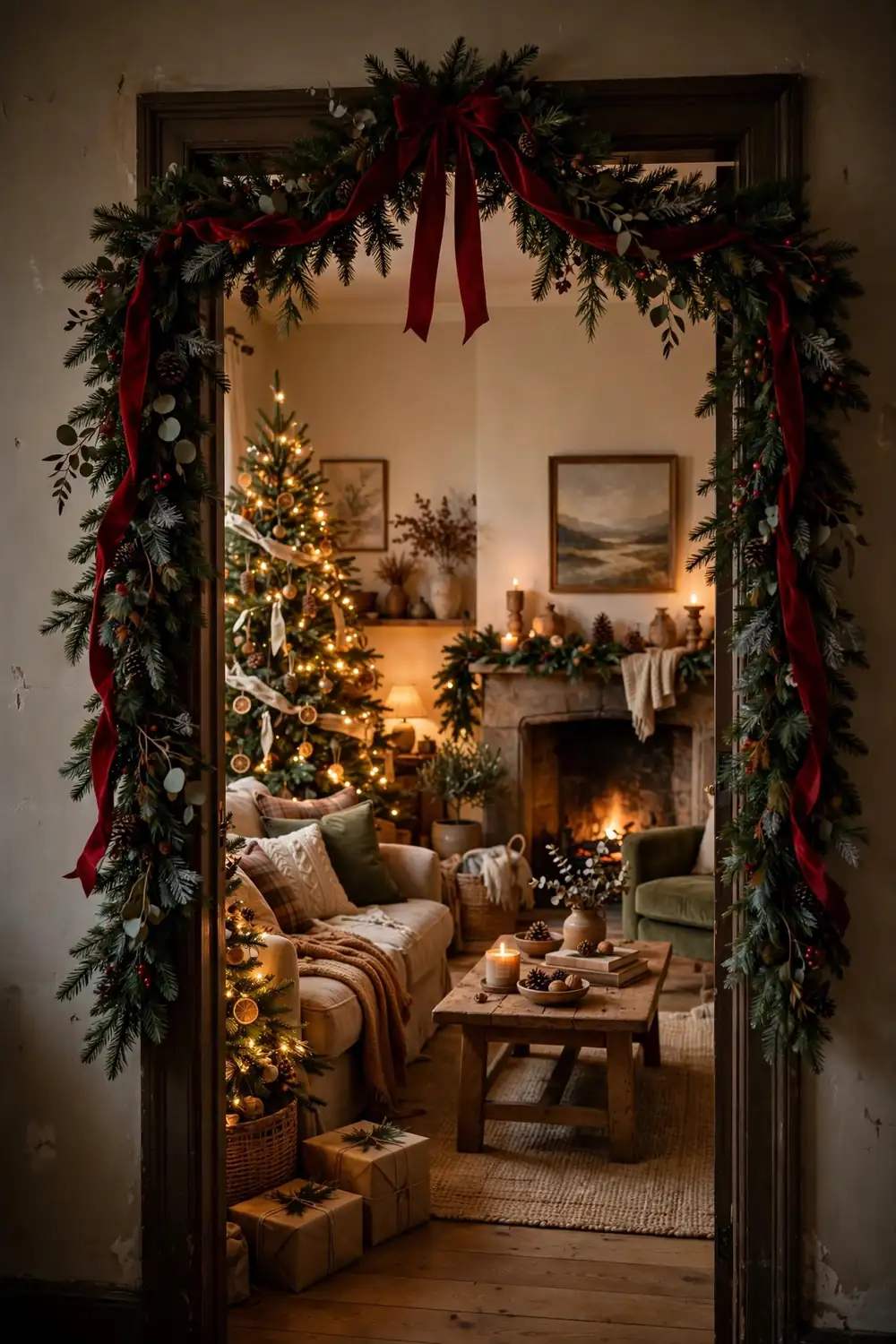 Christmas garland draped over interior doorway