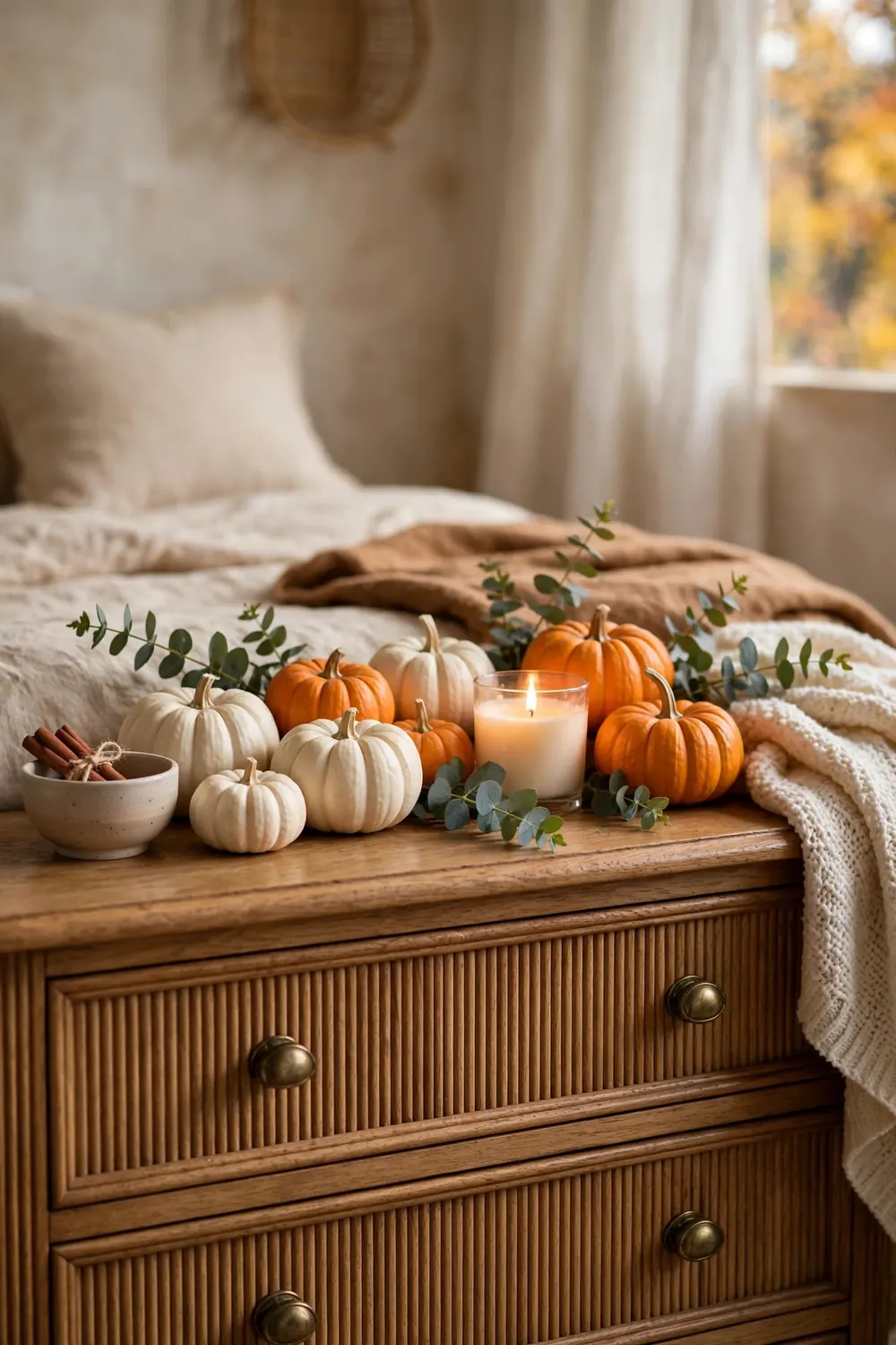 Mini Pumpkin Vignette on the Dresser Fall bedroom decor vignette with mini pumpkins, a lit candle and eucalyptus on a dresser