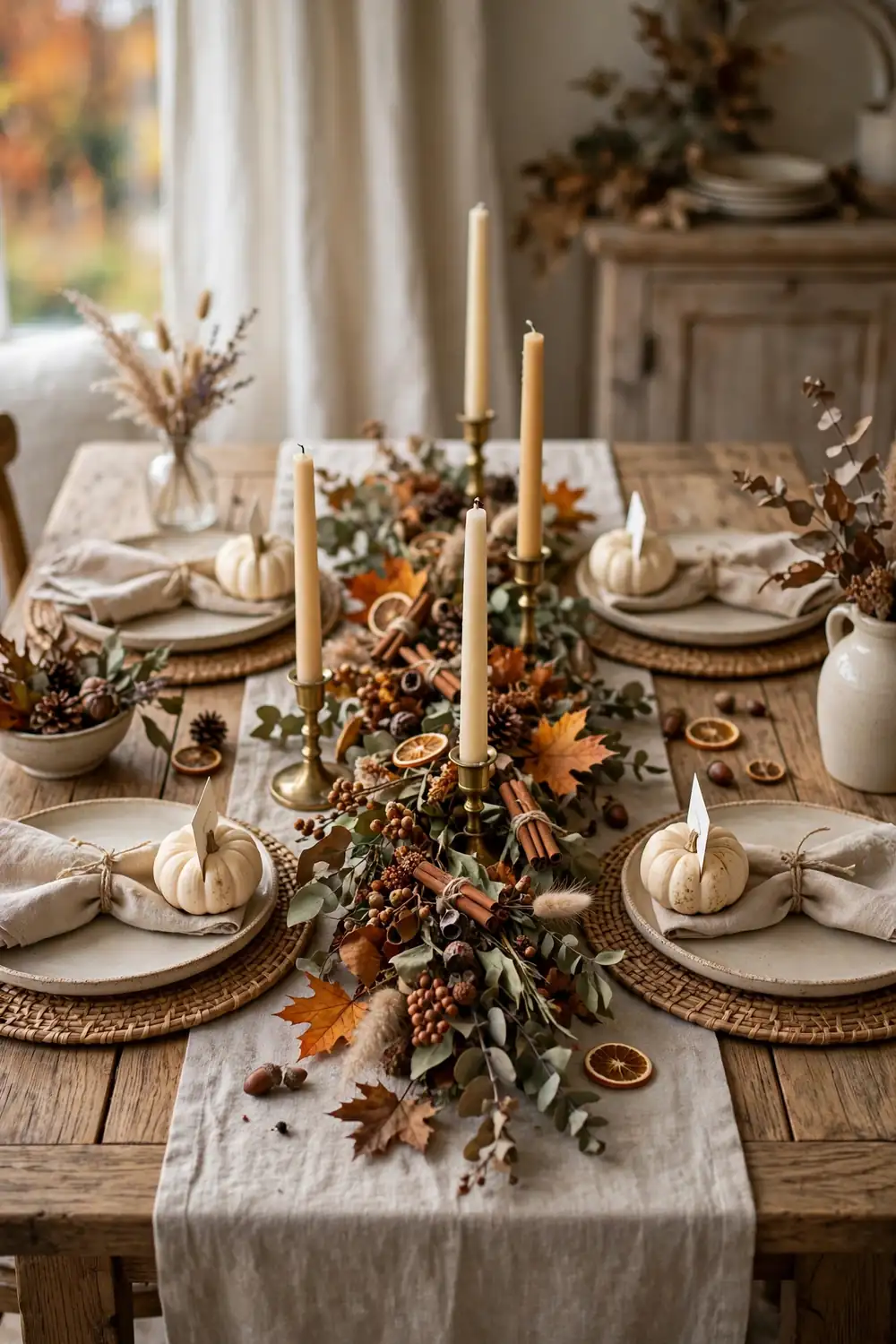 Mini Pumpkin Place Card Holders Cozy fall dining room table with mini white pumpkins as place card holders at each setting