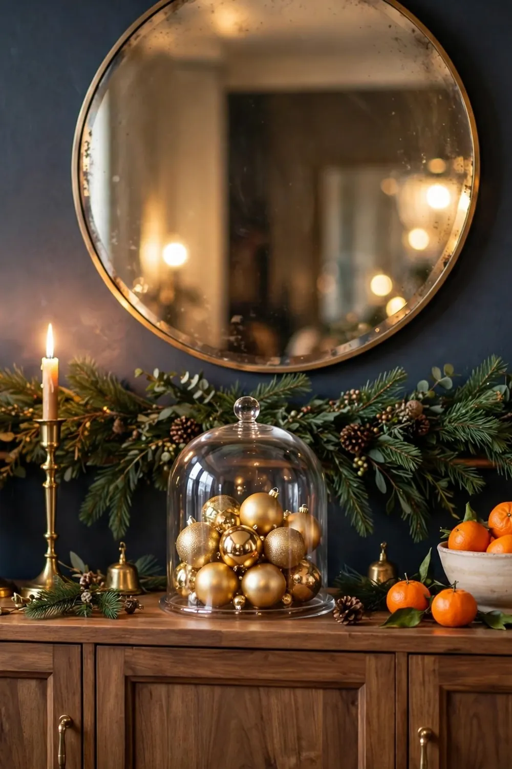 Festive sideboard vignette with garland, candles, and holiday ornaments Festive sideboard vignette with garland candles and ornaments, a classic christmas dining room decor idea